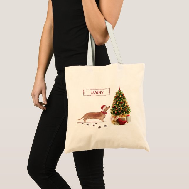 Tan Dackel Funny Christmas Dog mit Baum Tragetasche (Vorderseite (Produkt))