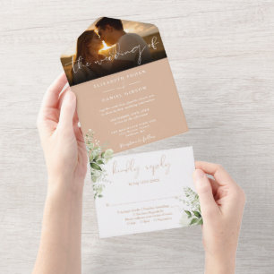Tan Floral Greenerity Script Wedding Foto All In One Einladung
