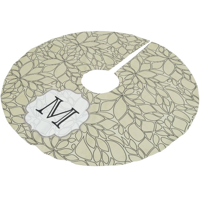 Tan Floral Leaf Tree Monogram Initial Tree Skirt Polyester Weihnachtsbaumdecke (Schrägansicht)