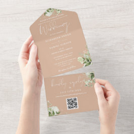 Tan Floral QR Code Formal Wedding All In One Einladung