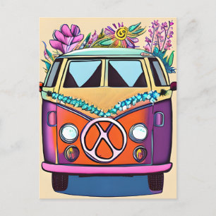 Tan Floral Retro Hippie Van Vintag Art Postkarte