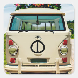 Tan Floral Retro Hippie Van Vintag Art Quadratischer Aufkleber