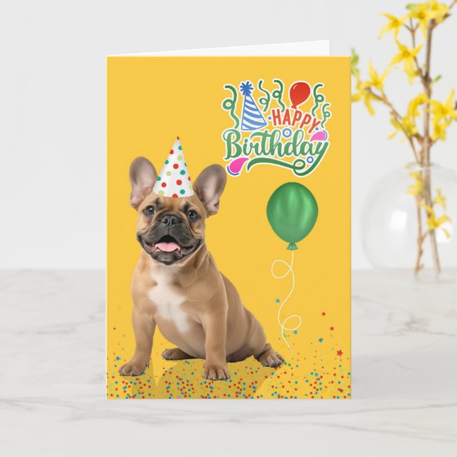 Tan French Bulldog Party Hat Yellow Birthday Karte (Gelbe Blume)