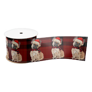 Tan Frenchie Dog und Red Karierte Weihnachten Satinband