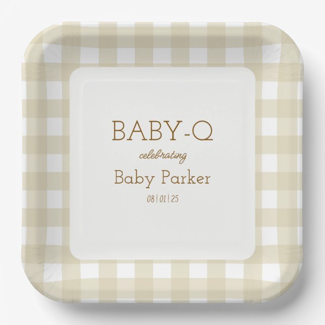 Tan Gingham Baby-Q Square Plate 2 Pappteller (Vorderseite)