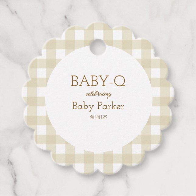 Tan Gingham Baby Shower Favor Tag Geschenkanhänger (Vorderseite)