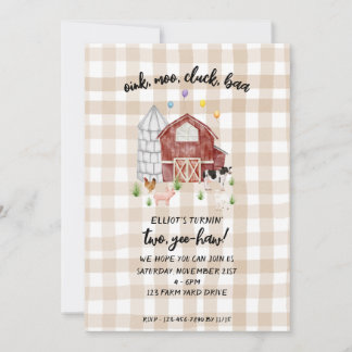 Tan Gingham Farmyard Animal Barnyard Birthday Einladung