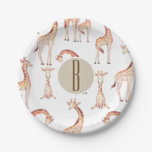 Tan Giraffes Baby Shower Monogram Letter Initial Pappteller