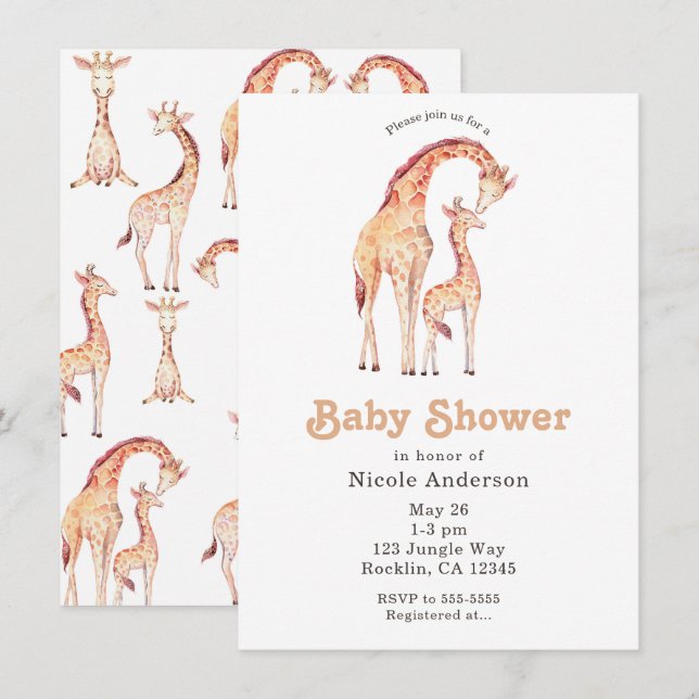Tan Giraffes Whimsical Baby Shower Einladung (Vorne/Hinten)
