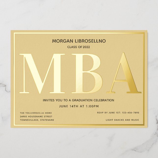 Tan Gold MBA Abschluss Folieneinladung (Vorderseite)