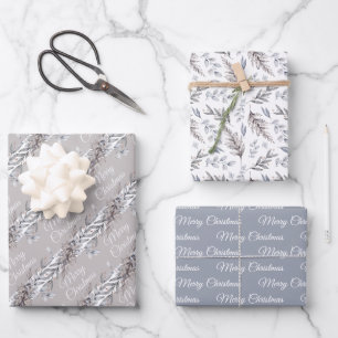 Tan, Gray und Blue Winter Foliage Frohe Weihnachte Geschenkpapier Set