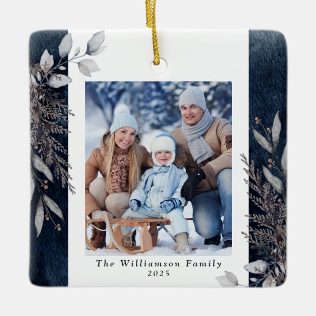 Tan & Gray Winter Foliage Foto Weihnachten Blau Keramikornament (Vorderseite)