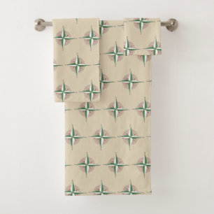 Tan Green Compass Print Camp Wandern im Freien Nat Badhandtuch Set