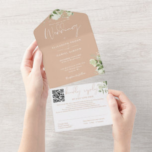 Tan Greenery Monogram QR Code Wedding All In One Einladung