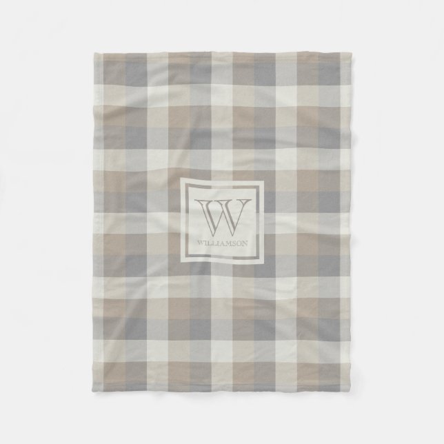 Tan Grey and Ivory Neutry Rustic Kariert Monogram Fleecedecke (Vorderseite)