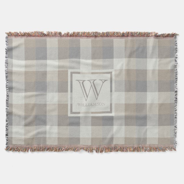 Tan Grey Ivory Neutral Rustic Kariert Monogram Decke (Vorderseite)
