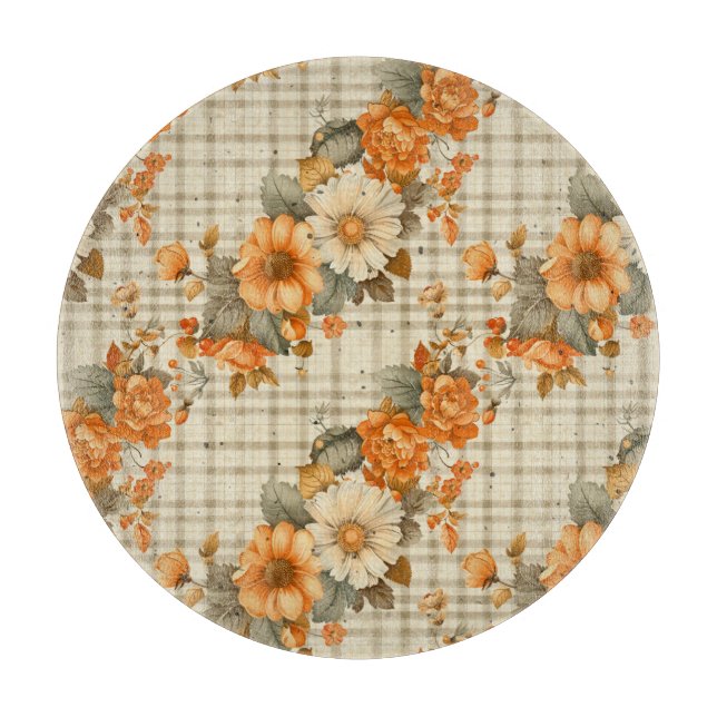 TAN KARIERT MIT ORANGE FALL AUTUMN BLUME SCHNEIDEBRETT (Vorderseite)