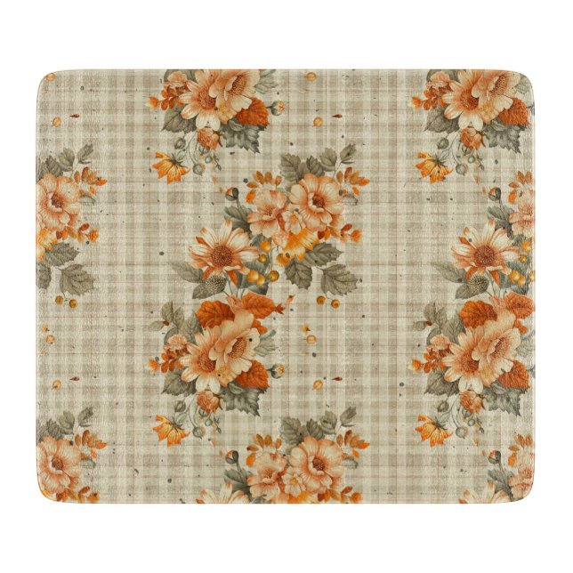 TAN KARIERT MIT ORANGE FALL AUTUMN BLUME SCHNEIDEBRETT (Vorderseite)
