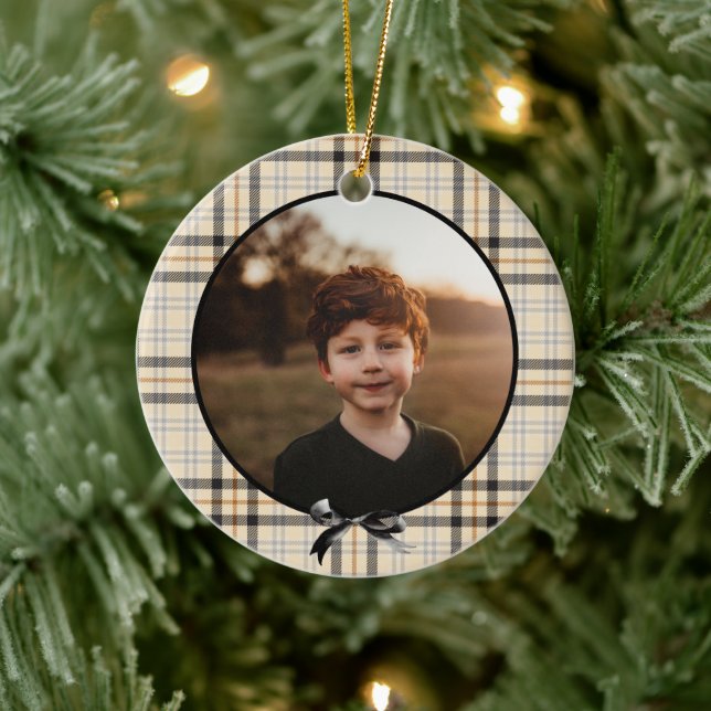 Tan Kariert Pattern Holiday Foto Keramik Ornament (Baum)