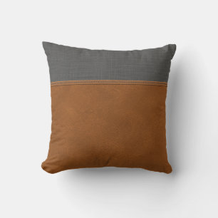 Tan Leather Gray Linen Look Chic Minimal Bauernhof Kissen
