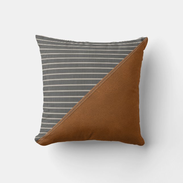Tan Leather Gray Stripe Linen Triangle Farmhouse Kissen (Vorderseite)