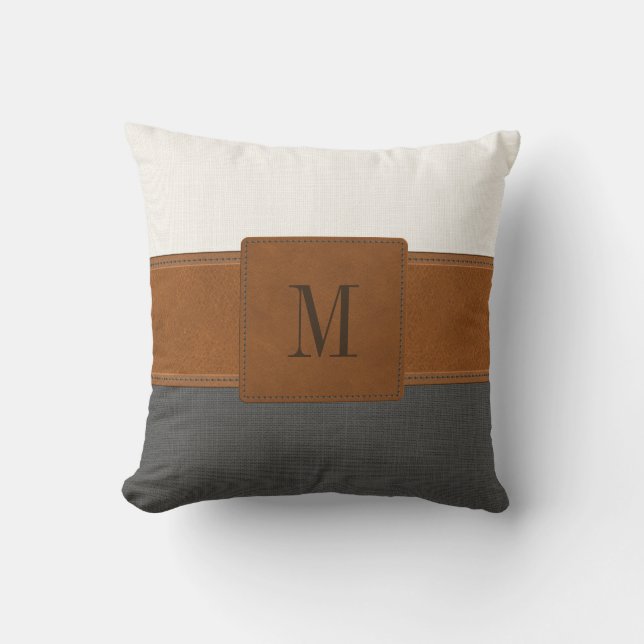 Tan Leather Gray White Linen Farmhouse Monogram Kissen (Vorderseite)