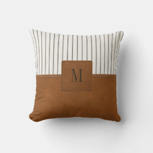 Tan Leather Strick White Linen Monogram Bauernhof Kissen