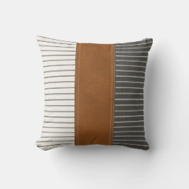Tan Leather Stripe Linen Minimaler Bauernhof  Kissen