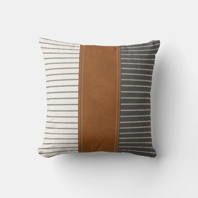 Tan Leather Stripe Linen Minimaler Bauernhof  Kissen (Vorderseite)