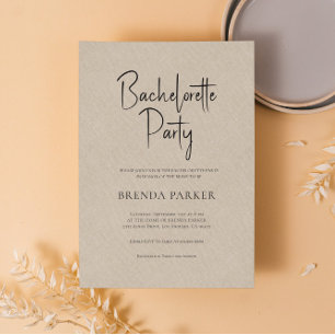 Tan Linen Simple Black Script Junggeselinnen-Absch Einladung