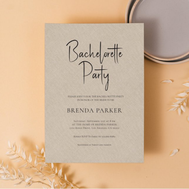 Tan Linen Simple Black Script Junggeselinnen-Absch Einladung (Von Creator hochgeladen)