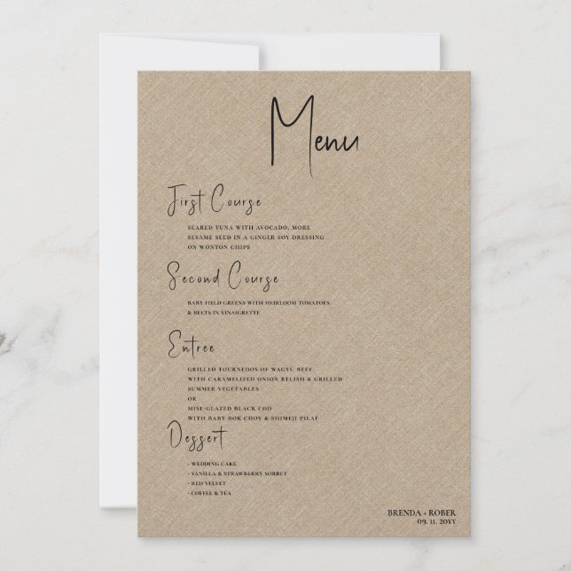 Tan linen Simple Black Script Wedding Menu Einladung (Vorderseite)