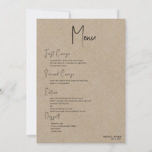 Tan linen Simple Black Script Wedding Menu Einladung