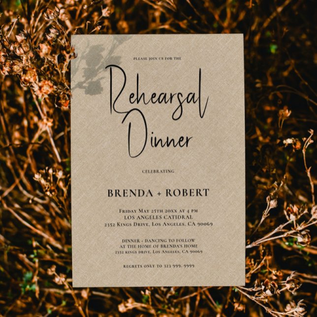 Tan linen Simple White Script Probe Dinner Einladung (Von Creator hochgeladen)