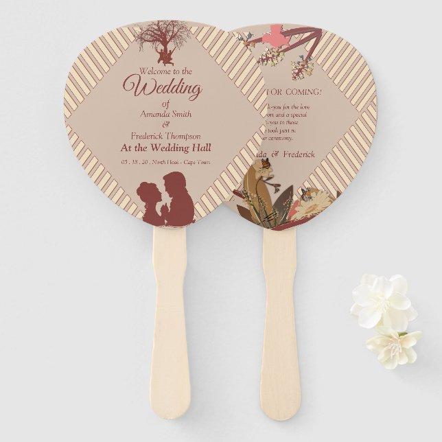 Tan - Marsala Wine & Drehung Pink Hand Fans Fächer (Vorne und Hinten)