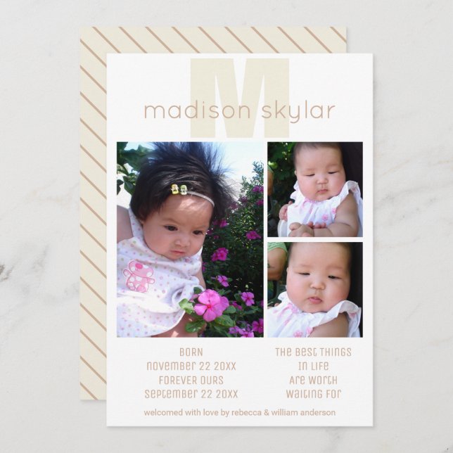 Tan Monogram Simple Adoption 3 Foto Collage Ankündigung (Vorne/Hinten)