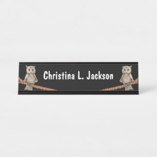 Tan Owls Hübsche Gesichter auf den Zweigen Blue-Ke Schreibtischnamensplakette