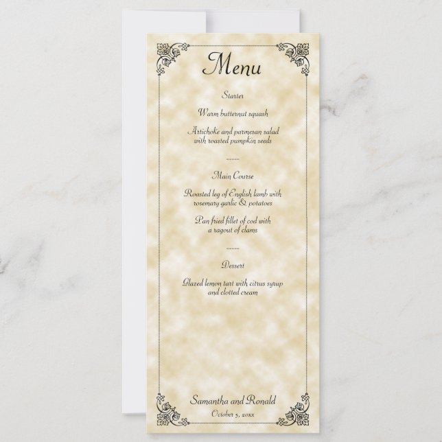 Tan Perchment Paper Style Wedding Menu Card Einladung (Vorderseite)