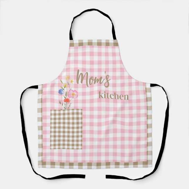 Tan & Pink Gingham Wildblume Mama Küche Schürze (Vorderseite)