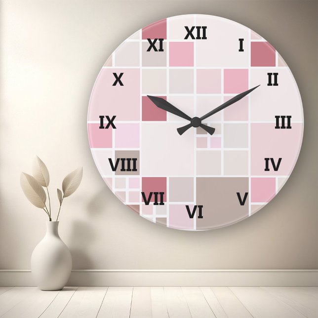 Tan Pink Uhr (Modern wall clock featuring a checkered pattern in pastel peach, blush pink and sandy brown)