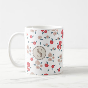 Tan Red Floral Farmhouse, Country Rustic Monogram Kaffeetasse