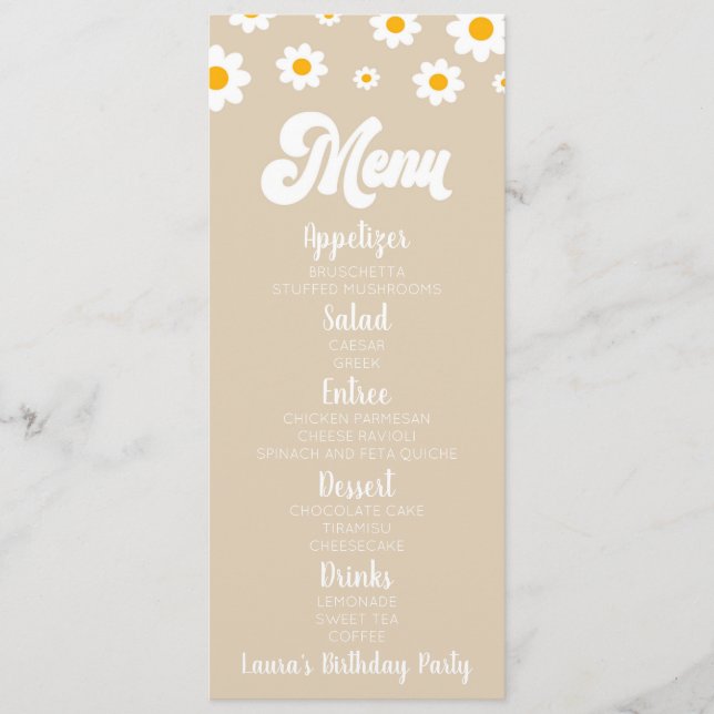 Tan Retro Daisy Blume Geburtstagsessen Menükarte (Vorderseite)
