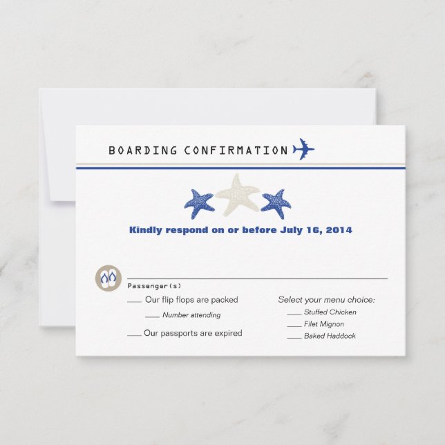 Tan Royal Blue Starfish Boarding Pass UAWG RSVP Karte (Vorderseite)