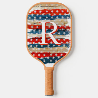 Tan Rustic American Flag Monogram Pickleball Schläger