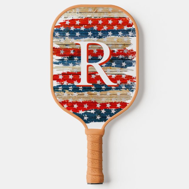 Tan Rustic American Flag Monogram Pickleball Schläger (Vorderseite)