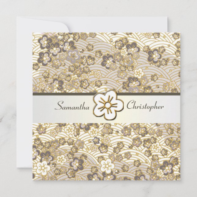 Tan Sakura Chirimen Hochzeit Einladung (Vorderseite)