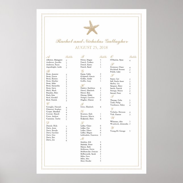 Tan Sand Graceful Starfish 24 x 36 Seating Chart Poster (Vorne)