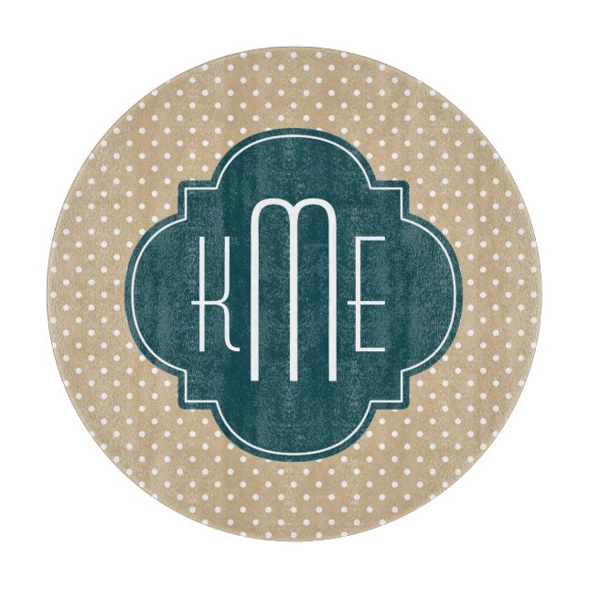 Tan Sand Polka Dots Aquamarin Quatrefolienmonogram Schneidebrett (Vorderseite)