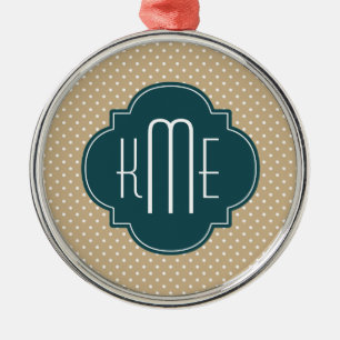 Tan Sand Polka Dots Aquamarin Quatrefolienmonogram Silbernes Ornament