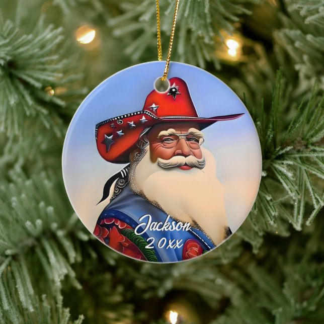 Tan Santa Claus in einem Cowboy Hat Weihnachten Keramik Ornament (Baum)
